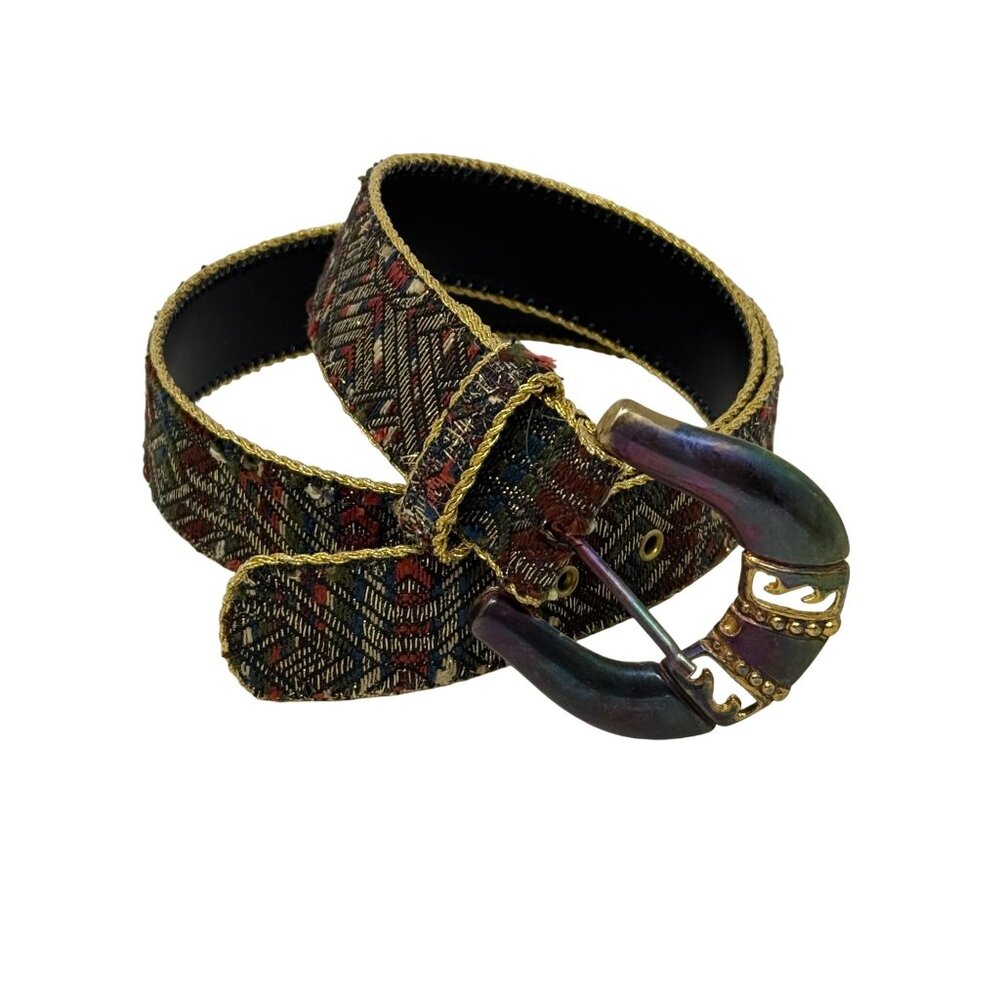 Capezio Womens Vtg Tapestry Belt Metallic Gold Geometric Patina Metal Buckle M/L